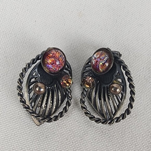 Vintage Silver & Pink Glass Stone Clip On Earrings - Picture 1 of 4